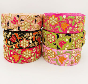 Dark Pink Fabric Trim In Green, Orange & Gold Floral Embroidery, Beaded Gota Patti